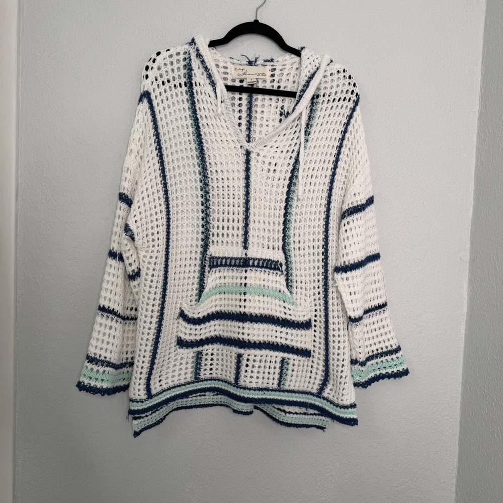 Vintage Havana Striped Crochet Knit Baja Hoodie White Navy Blue Mint Small